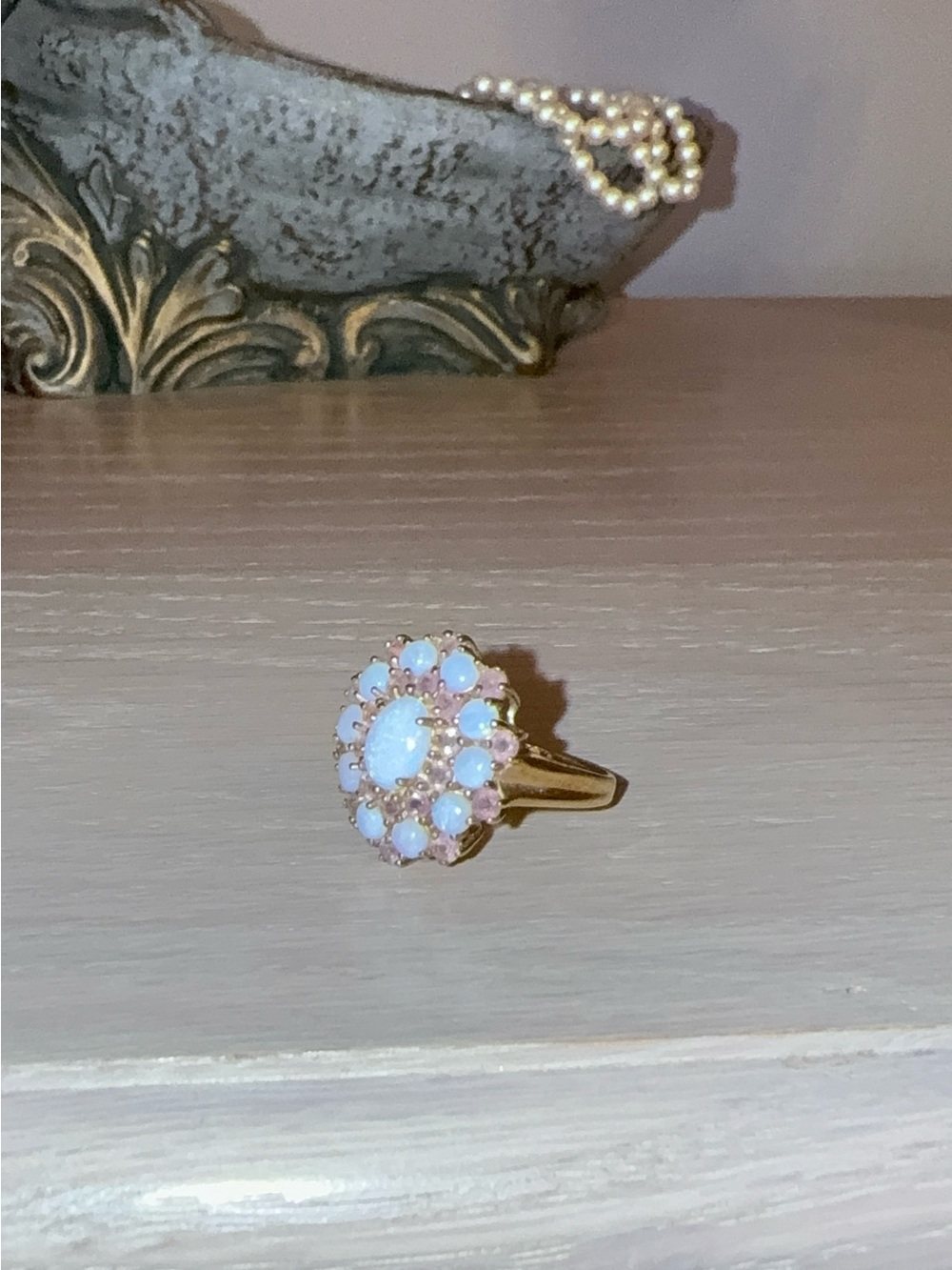 10K Gold Opal & Pink Gemstone Sunburst Cluster Ring - Vintage